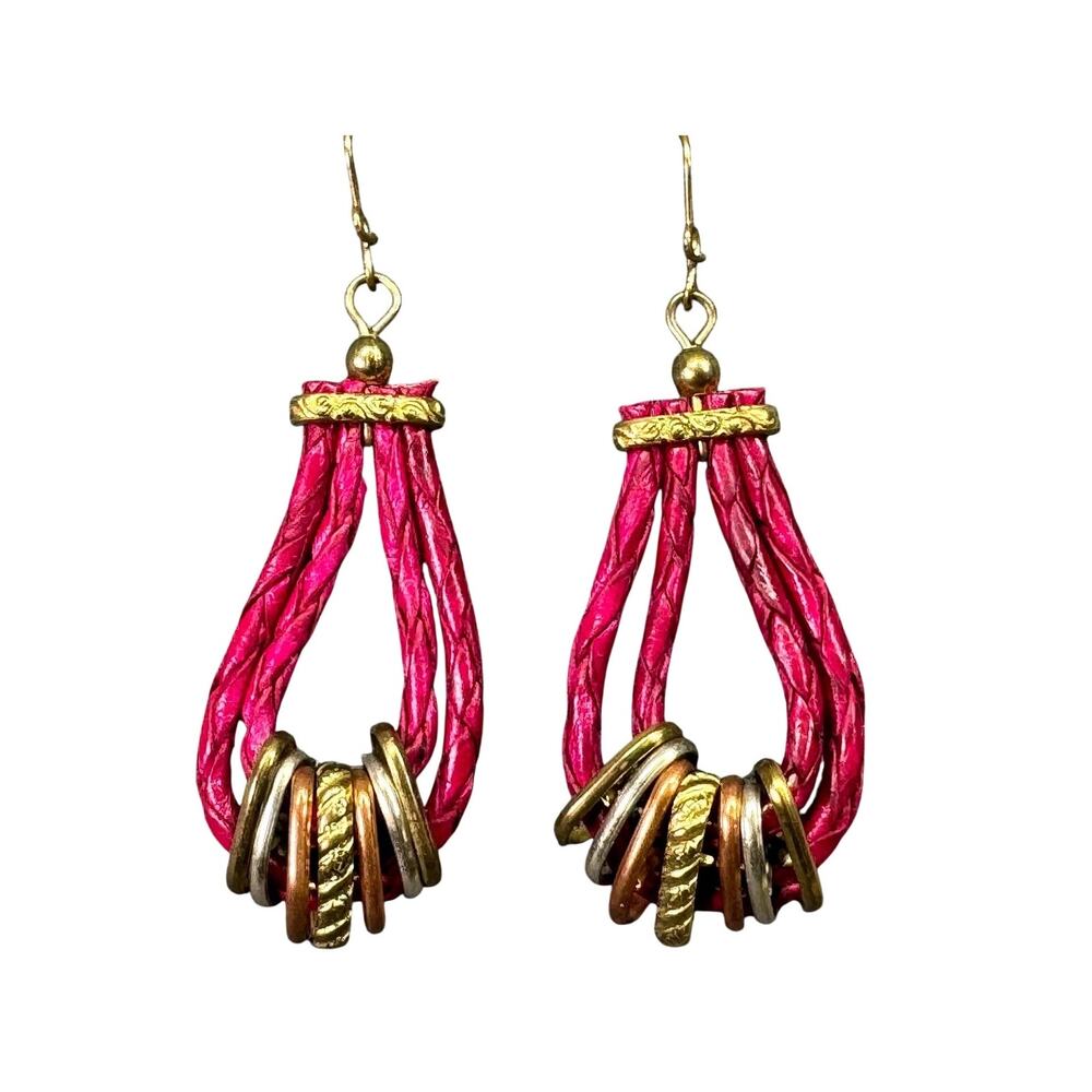 Vintage 1980s Ruby Red Braided Leather Drop Dangle Hook Earrings